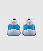 Back view of white and blue low-top sneakers with glossy blue heel detail on a plain background