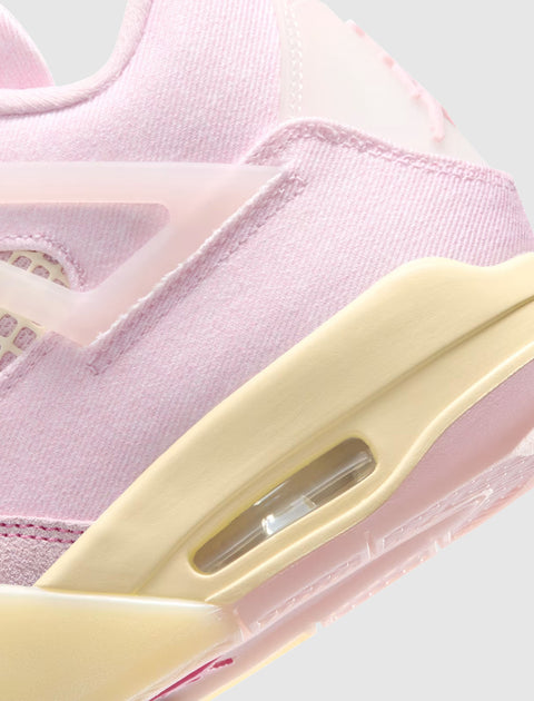 Close-up of pink suede sneaker with translucent accents and cream midsole