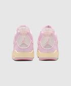 Rear view of pink and cream low-top sneakers with translucent heel tab and logo