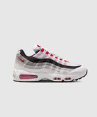 White, grey and red men's streetwear sneaker with visible air cushioning and gradient side panels