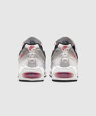 Back view of white, grey, and red Nike Air Max 95 sneakers with visible Air cushioning