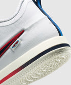 Close-up of white sneaker heel with textured sole, red and blue stripe accents