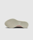 White sneaker sole with geometric circular traction pattern, viewed from the bottom