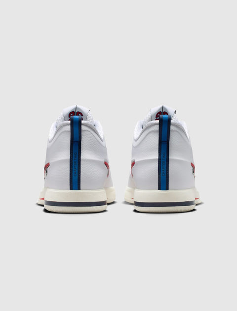 Rear view of white low-top sneakers with blue heel stripe and red accents on a plain background