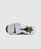 Closeup of white sneaker outsole with black and yellow accents, Nike logo visible