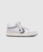 White and gray mid-top sneaker with star logo and suede overlays on a clean background