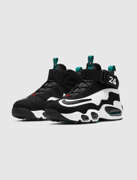 Black and white men's high-top sneakers with teal accents and visible air sole units