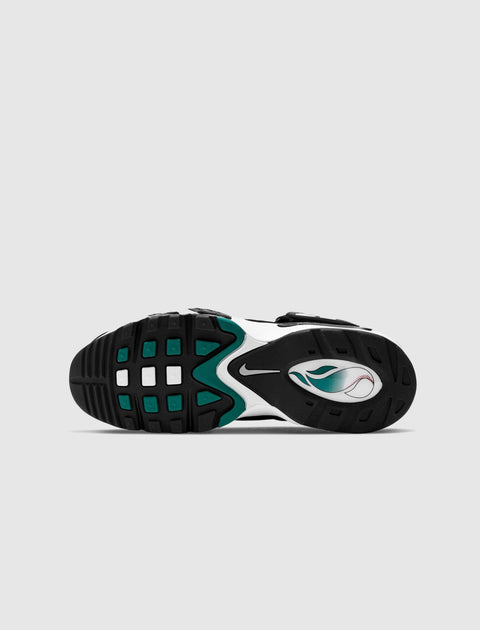Black, white, and teal sneaker outsole with Nike logo and baseball graphic, streetwear shoe