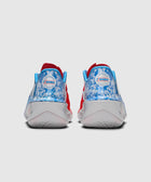 Rear view of blue, white, and red sneakers with WNBA 30th anniversary logo on heels