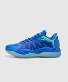 Blue athletic sneaker with wavy sole, mesh upper, and green accents on a white background.