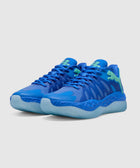 Men's bright blue athletic sneakers with textured soles and gradient green details