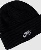Black ribbed knit beanie with white Nike SB logo embroidery on the front fold