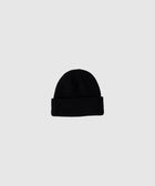 Black ribbed knit beanie on a plain light grey background
