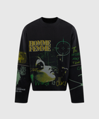 Black graphic streetwear sweatshirt with yellow and green text and artistic face print