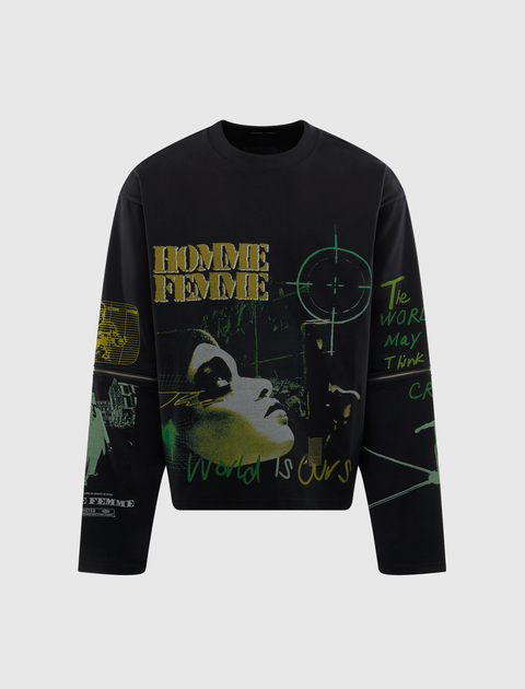 Black graphic streetwear sweatshirt with yellow and green text and artistic face print