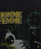 Graphic streetwear t-shirt with HOMME FEMME text, face illustration, and green target design