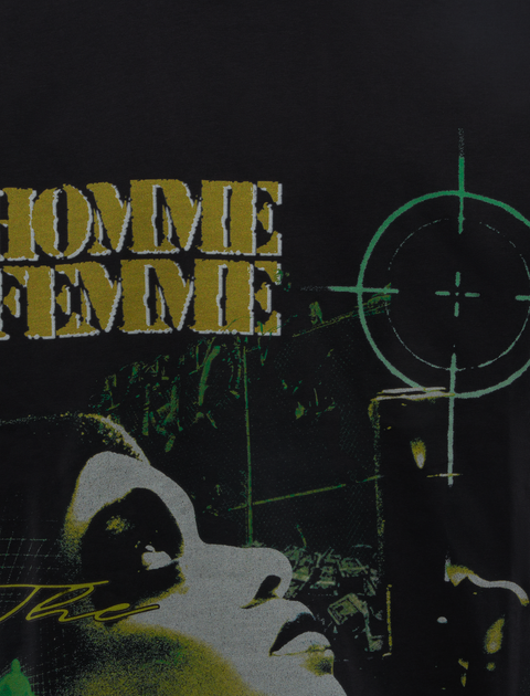 Graphic streetwear t-shirt with HOMME FEMME text, face illustration, and green target design