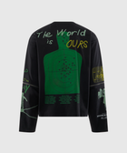 Black streetwear long sleeve shirt with bold green target graphic and 'The World is Ours' text