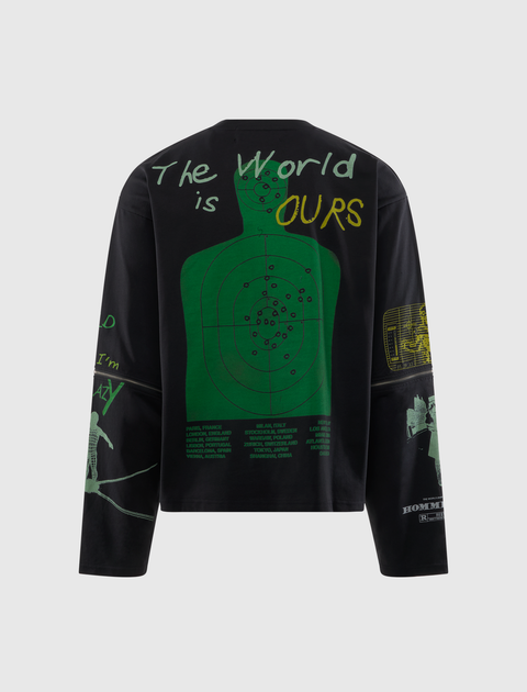 Black streetwear long sleeve shirt with bold green target graphic and 'The World is Ours' text
