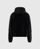 Back view of a black men's streetwear hoodie with long sleeves against a plain background