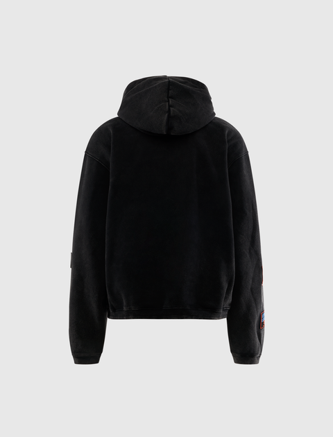Back view of a black men's streetwear hoodie with long sleeves against a plain background