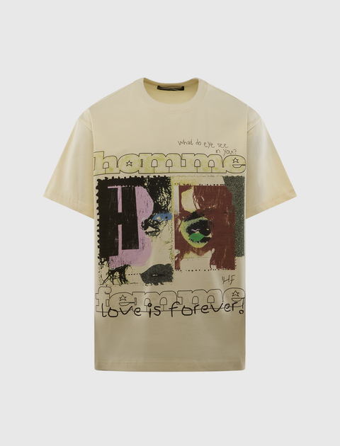 Beige graphic streetwear t-shirt with abstract face art and bold text designs on the front.
