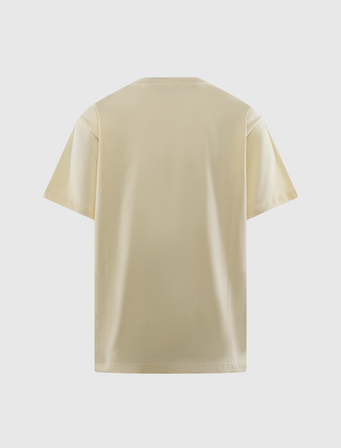 Back view of plain beige short-sleeve men's streetwear t-shirt on white background
