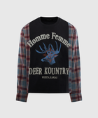 Men's streetwear long sleeve plaid shirt with deer graphic and 'Homme Femme Deer Kountry' text