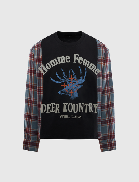 Men's streetwear long sleeve plaid shirt with deer graphic and 'Homme Femme Deer Kountry' text