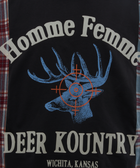 Black streetwear shirt with plaid sides, blue deer graphic and text 'Homme Femme Deer Kountry Wichita Kansas'.