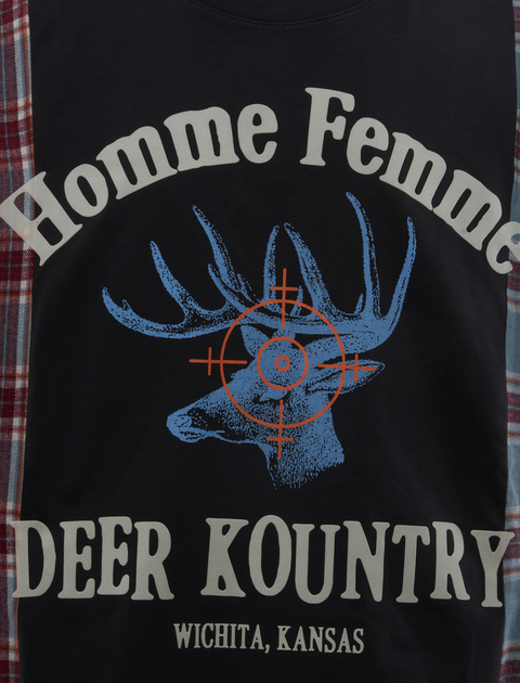 Black streetwear shirt with plaid sides, blue deer graphic and text 'Homme Femme Deer Kountry Wichita Kansas'.