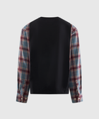 Back view of men's black shirt with red and blue plaid long sleeves