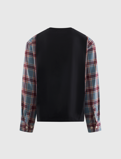 Back view of men's black shirt with red and blue plaid long sleeves