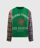Green streetwear crewneck with mixed plaid sleeves, deer graphic and bold text on front
