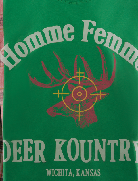 Green streetwear shirt with deer graphic, target design, and Wichita, Kansas text