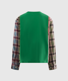 Back view of men's streetwear shirt with green body and mixed plaid sleeves
