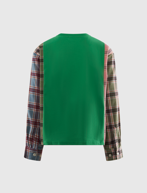 Back view of men's streetwear shirt with green body and mixed plaid sleeves