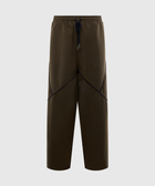 Brown nylon streetwear pants with black drawstring and unique panel detailing