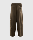 Brown men's streetwear pants with back pockets, elastic waistband, and black contrast seams