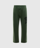 Green men's streetwear sweatpants with drawstring waist and graphic text on left leg