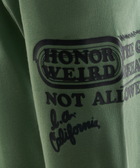 Green streetwear sweatshirt sleeve with black graphic text and LA California print