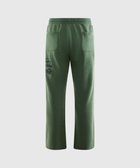 Back view of green men's streetwear sweatpants with two rear pockets and printed text