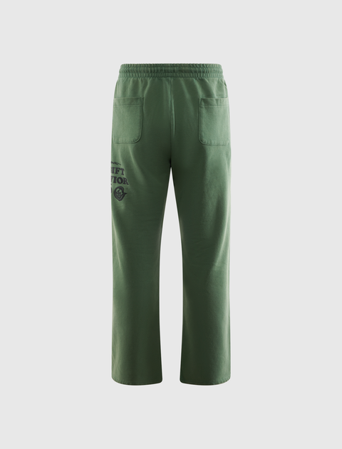 Back view of green men's streetwear sweatpants with two rear pockets and printed text