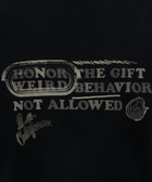 Black streetwear t-shirt with vintage text graphics, bold lettering, and scripted accents.