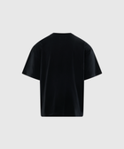 Back view of plain black short sleeve men's streetwear t-shirt on white background