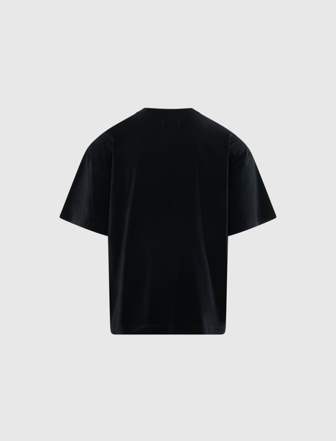 Back view of plain black short sleeve men's streetwear t-shirt on white background