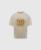 Beige streetwear t-shirt with abstract sun and handwritten graphic on chest