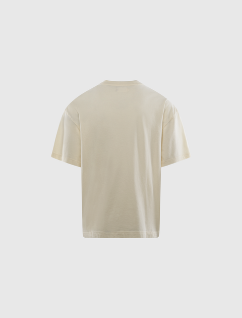 Back view of plain off-white men's streetwear t-shirt on white background