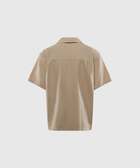 Back view of a beige short sleeve streetwear shirt on white background