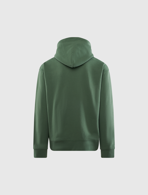 Back view of green men's streetwear hoodie on white background